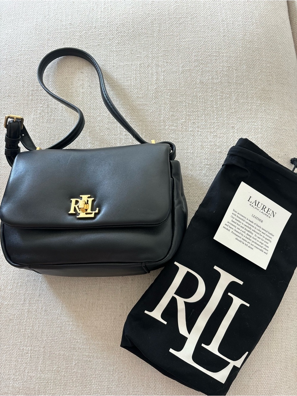 Ralph Lauren Black Leather Shoulder Bag with Gold RL Emblem